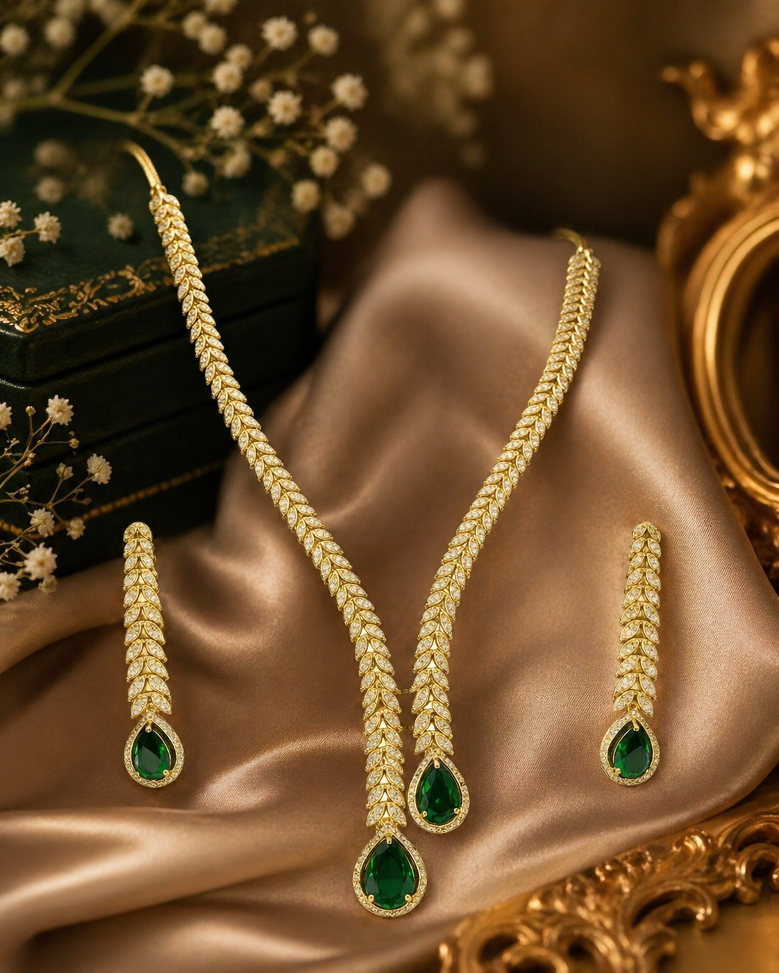 Kayrah Gold Tone Green Stone Leaf Design Necklace Set with Earrings