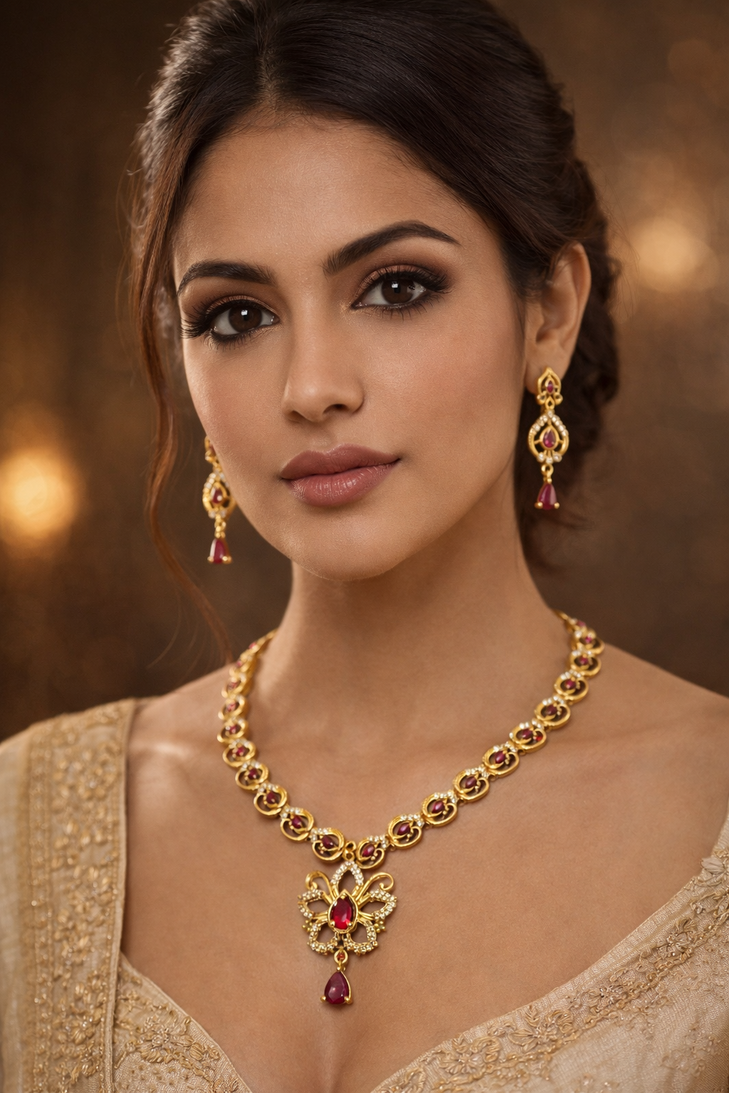 Kayrah Gold Tone Ruby Red Stone Necklace Set with Earrings