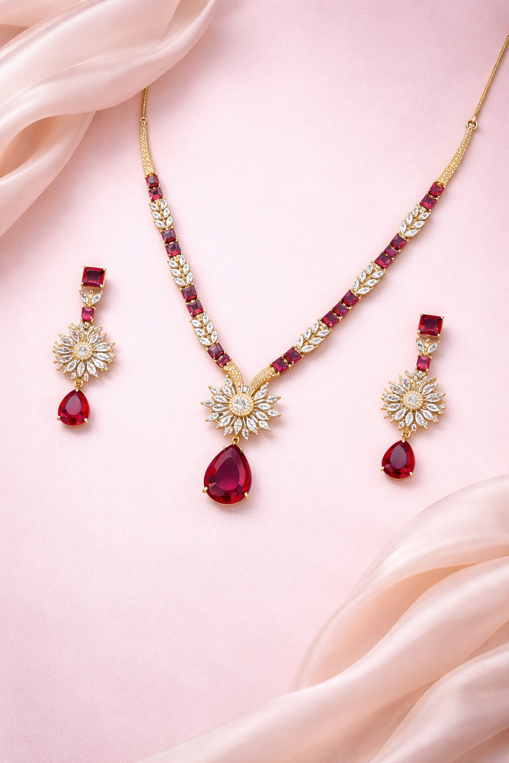 Kayrah Gold Tone Red Stone Floral Necklace Set with Earrings