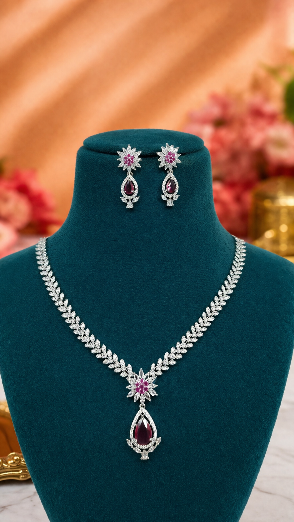 KAYRAH Silver Plated Pink Stone Necklace Set with Matching Earrings