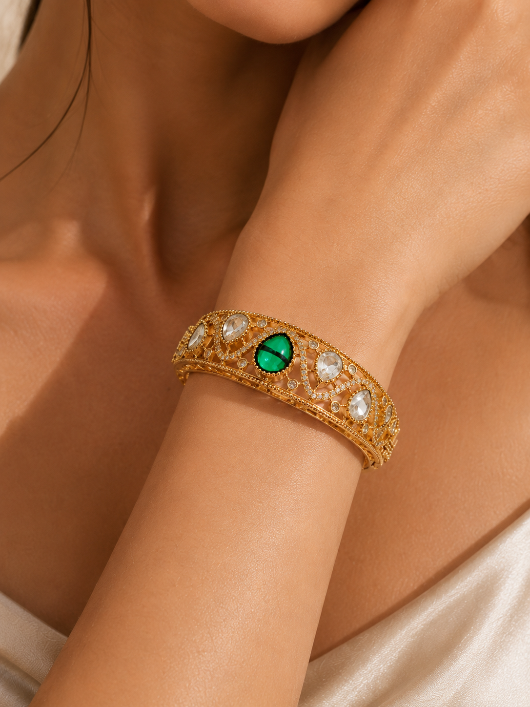 Gold Tone Green Stone Designer Bracelet for Women