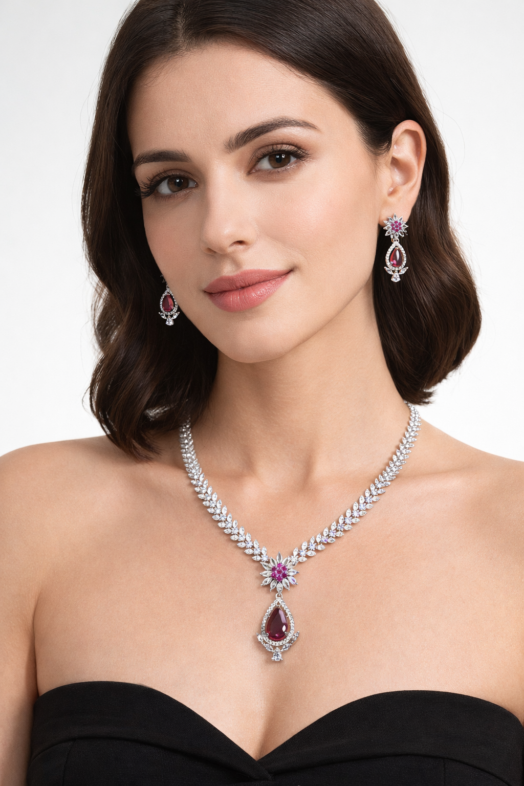 KAYRAH Silver Plated Pink Stone Necklace Set with Matching Earrings