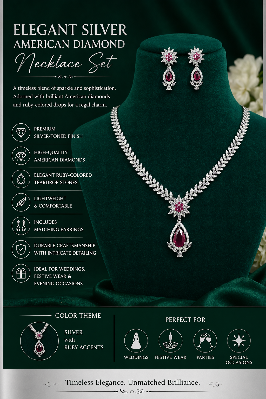 KAYRAH Silver Plated Pink Stone Necklace Set with Matching Earrings