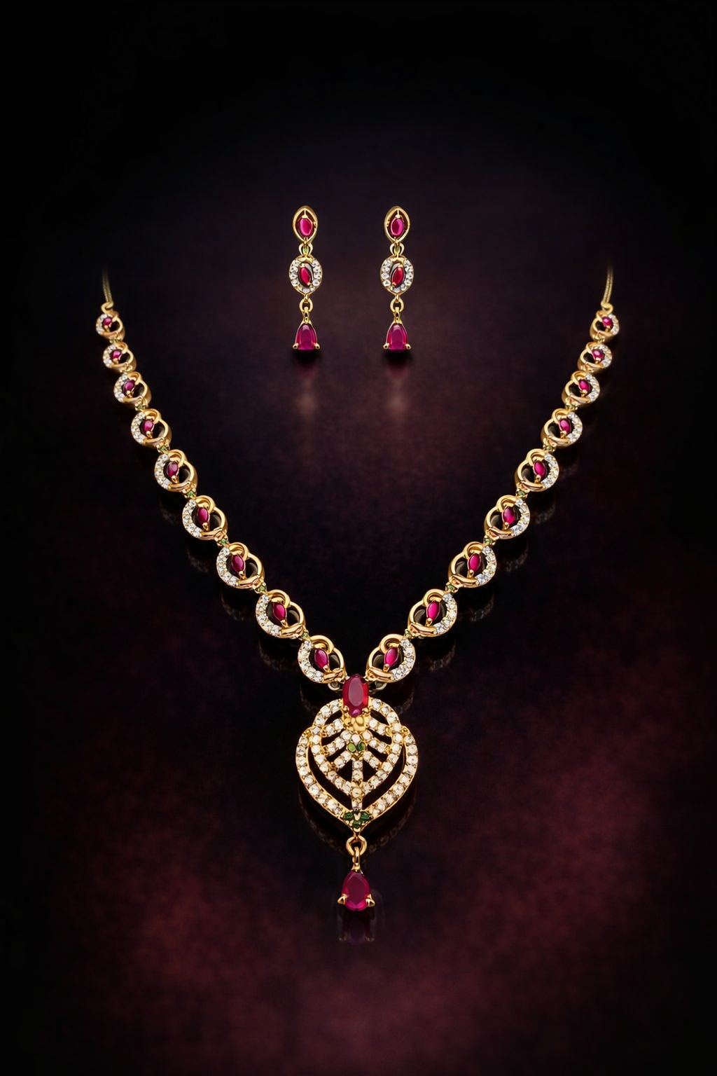 Kayrah Gold Tone Ruby Red Stone Necklace Set with Earrings