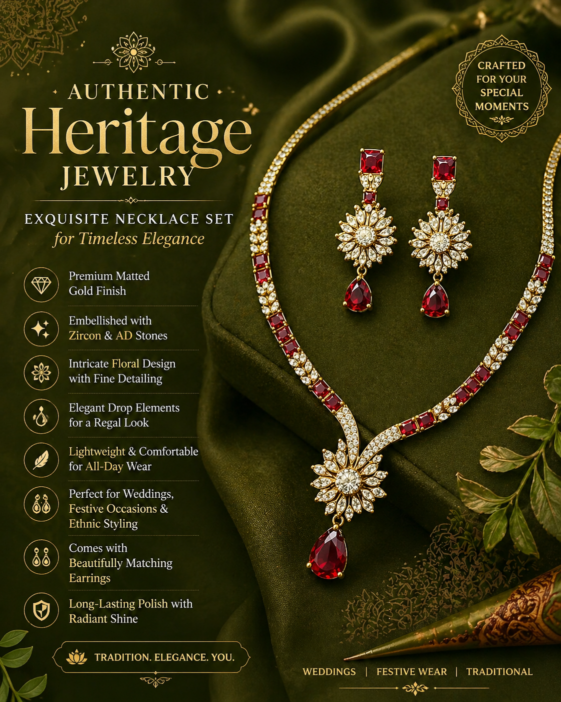 Kayrah Gold Tone Red Stone Floral Necklace Set with Earrings
