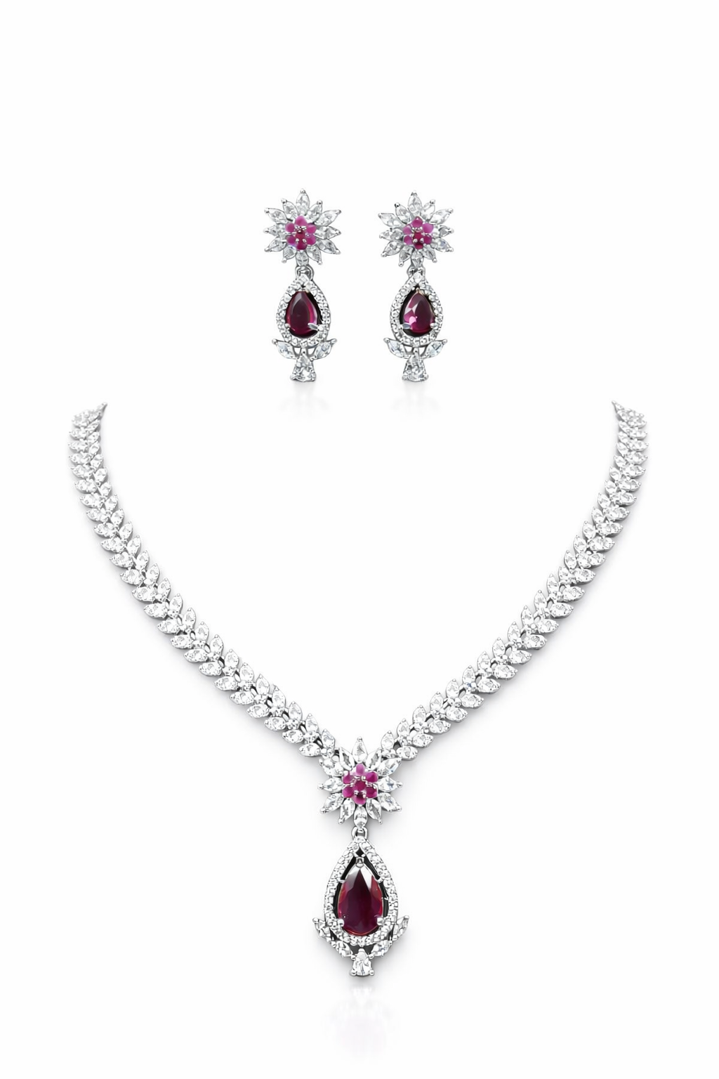 KAYRAH Silver Plated Pink Stone Necklace Set with Matching Earrings