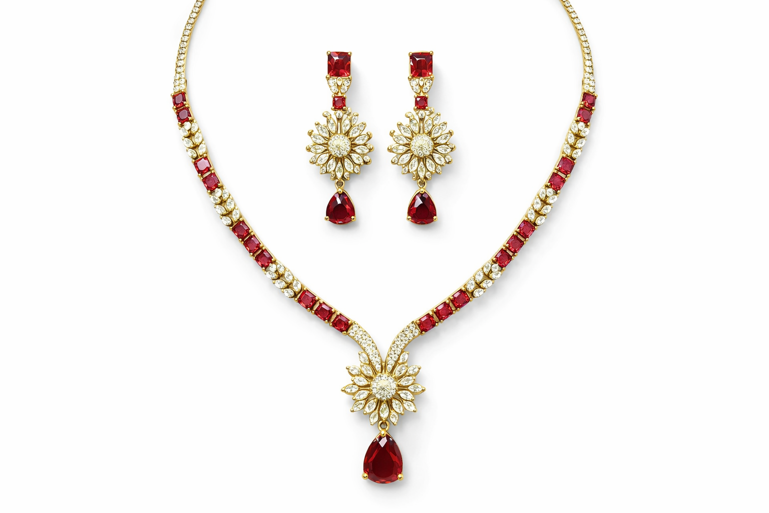 Kayrah Gold Tone Red Stone Floral Necklace Set with Earrings