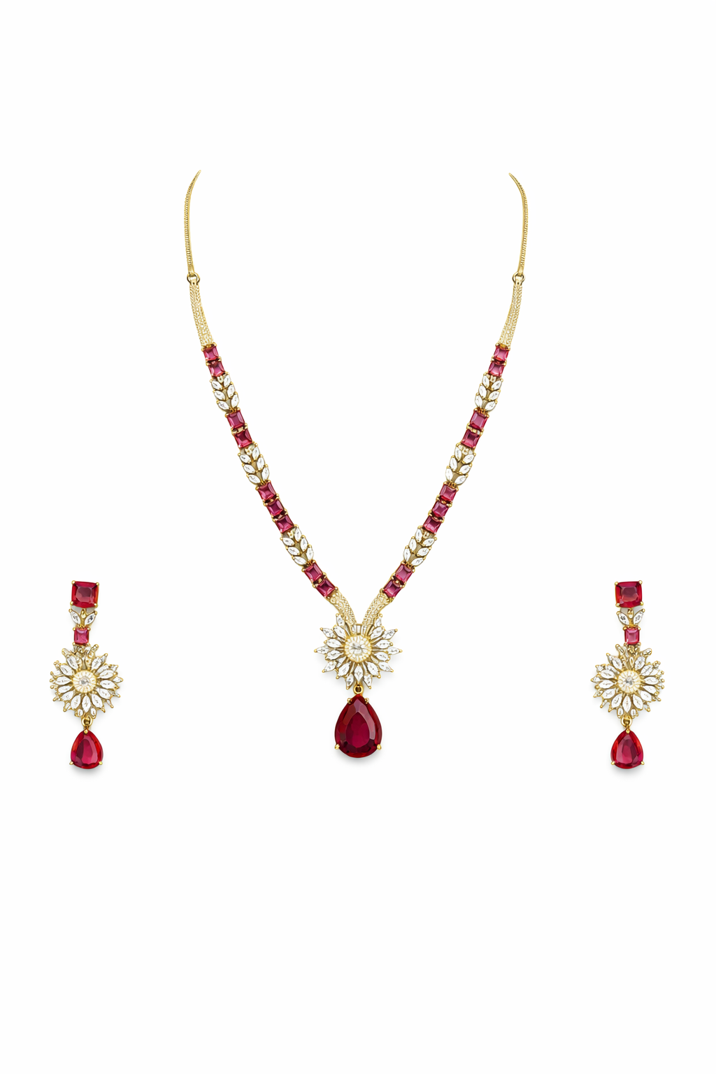 Kayrah Gold Tone Red Stone Floral Necklace Set with Earrings
