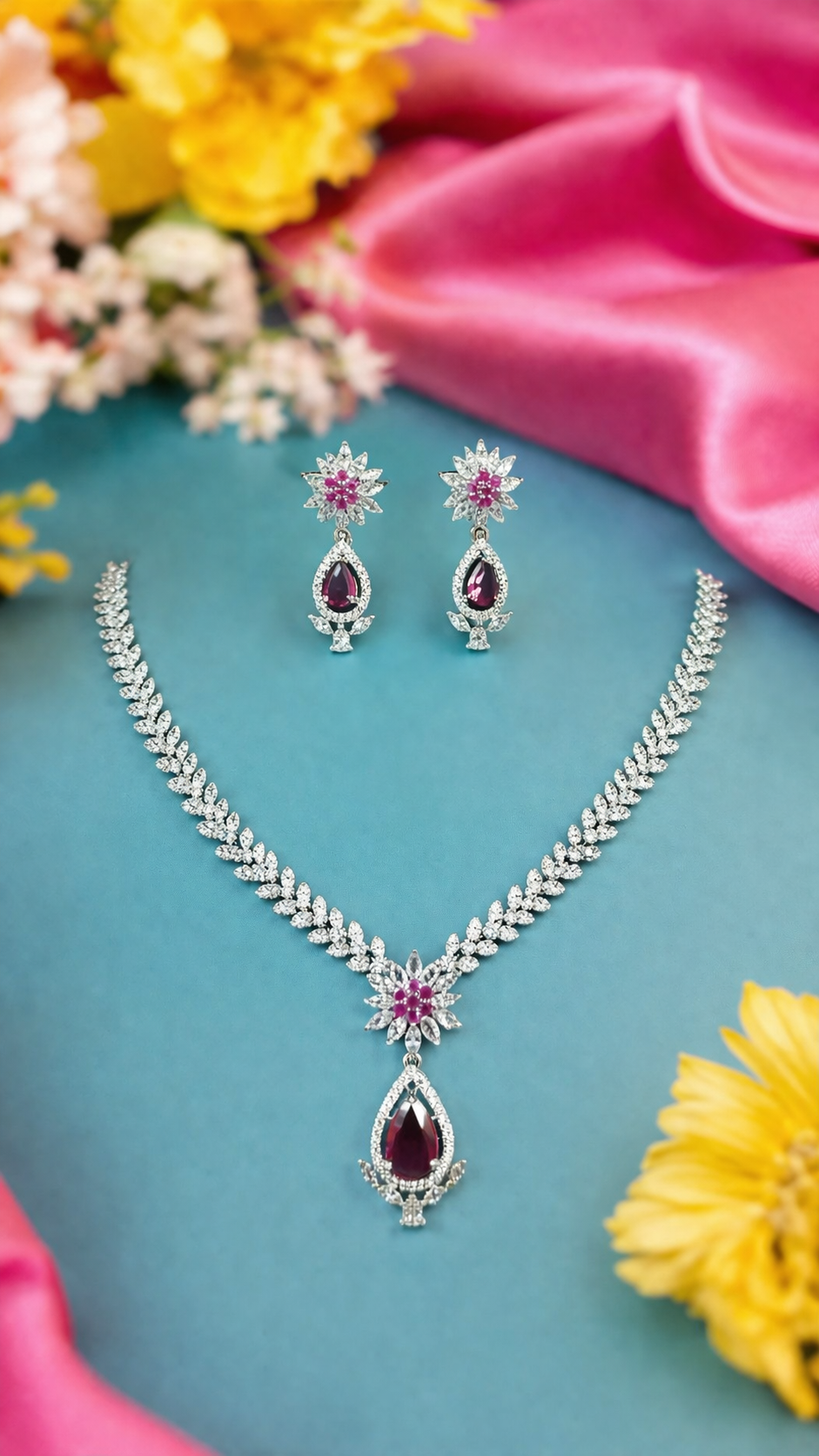 KAYRAH Silver Plated Pink Stone Necklace Set with Matching Earrings