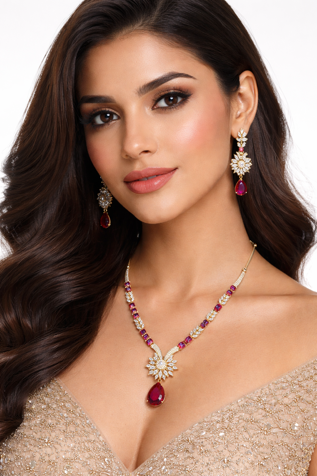 Kayrah Gold Tone Red Stone Floral Necklace Set with Earrings
