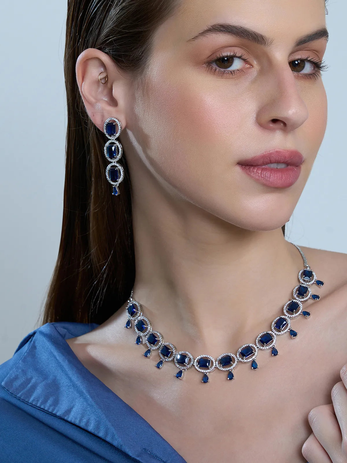 Blue Brass Silver Plated Handcrafted Water Resistance CZ Stone  Necklace