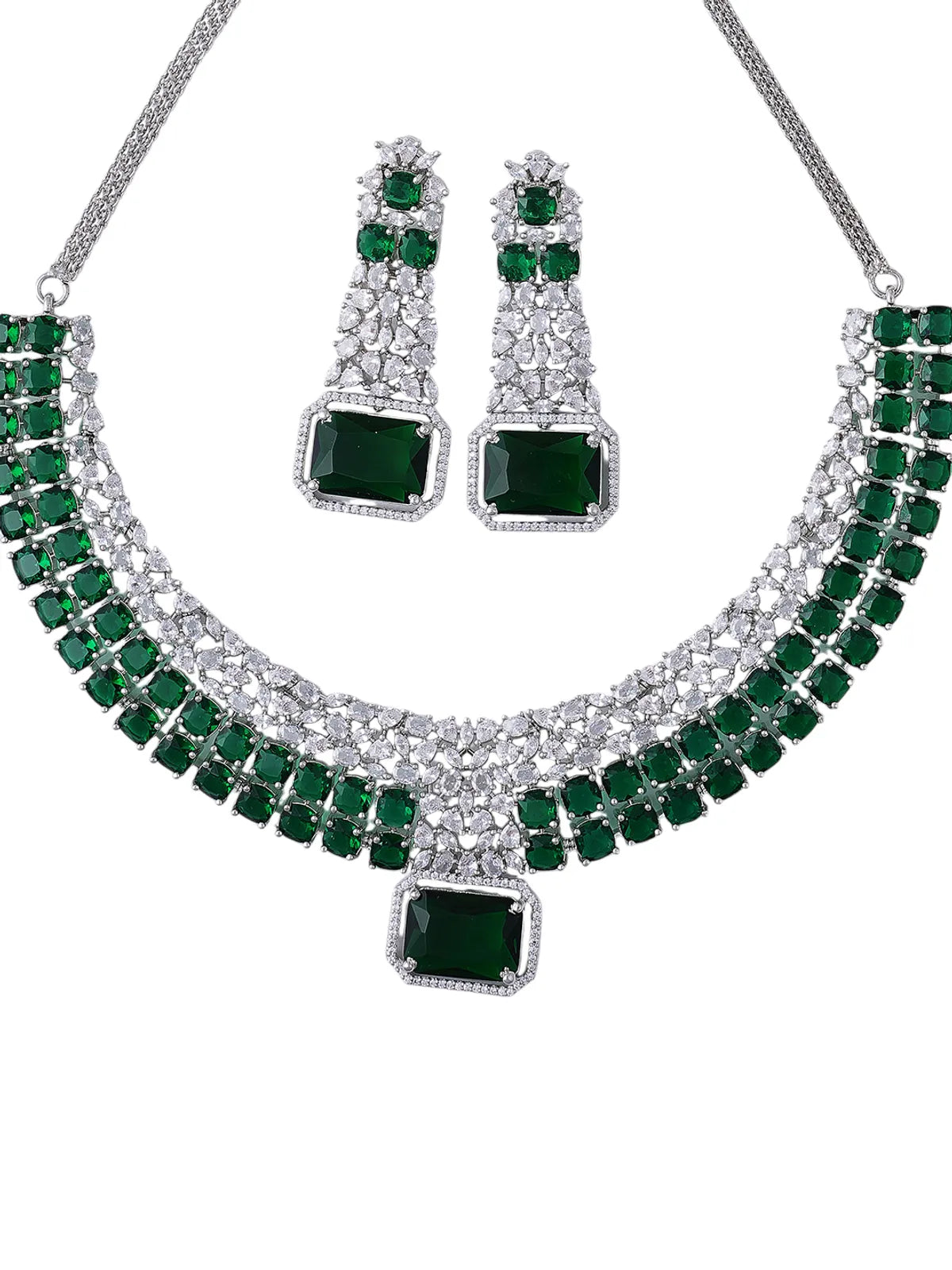 Green Brass Silver Plated Handcrafted Water Resistance CZ Stone  Necklace