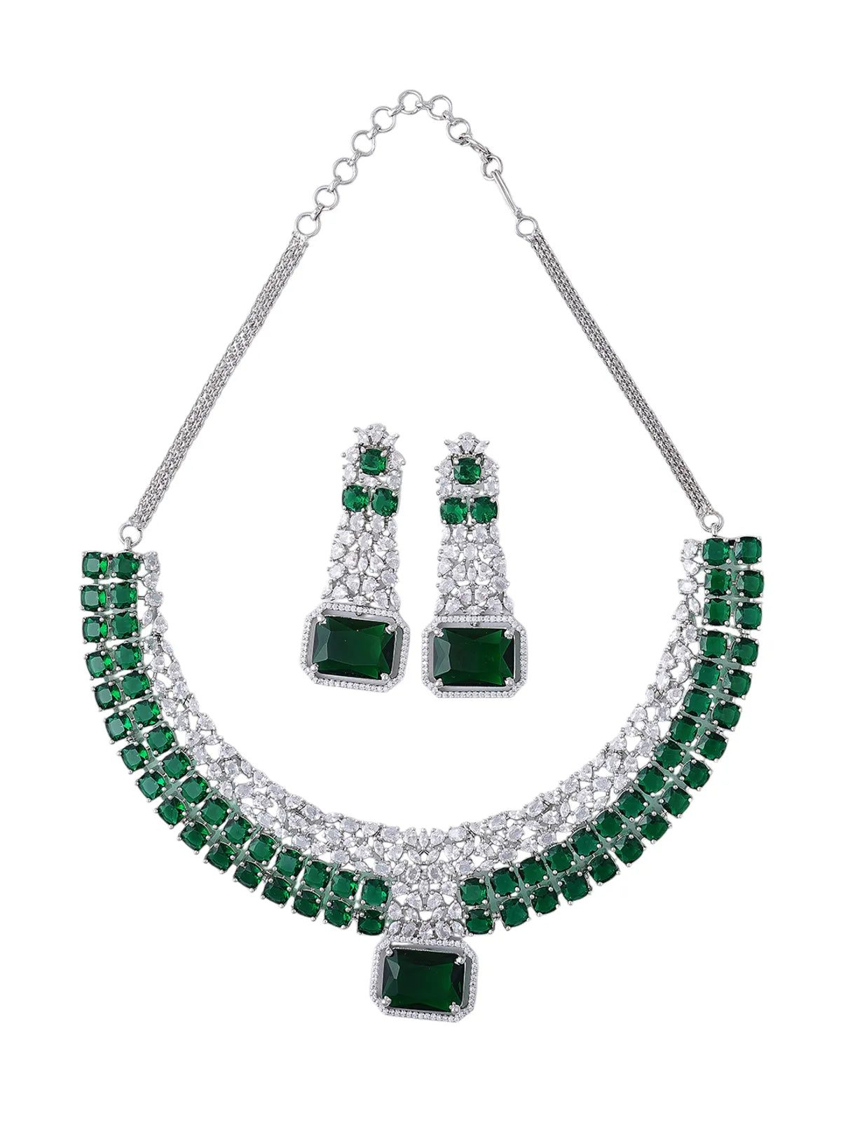 Green Brass Silver Plated Handcrafted Water Resistance CZ Stone  Necklace