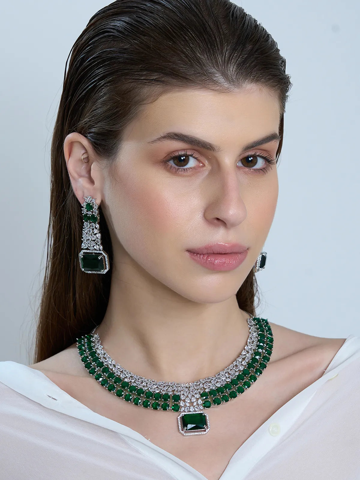 Green Brass Silver Plated Handcrafted Water Resistance CZ Stone  Necklace