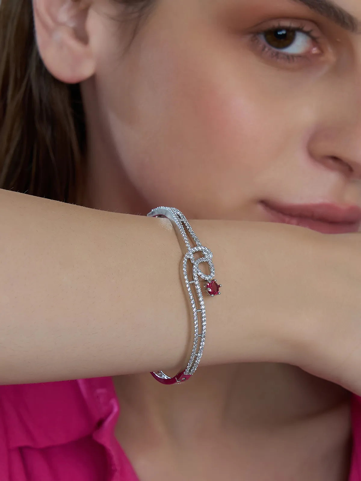 Red Brass Silver Plated Handcrafted Water Resistance CZ Stone  Bracelet For