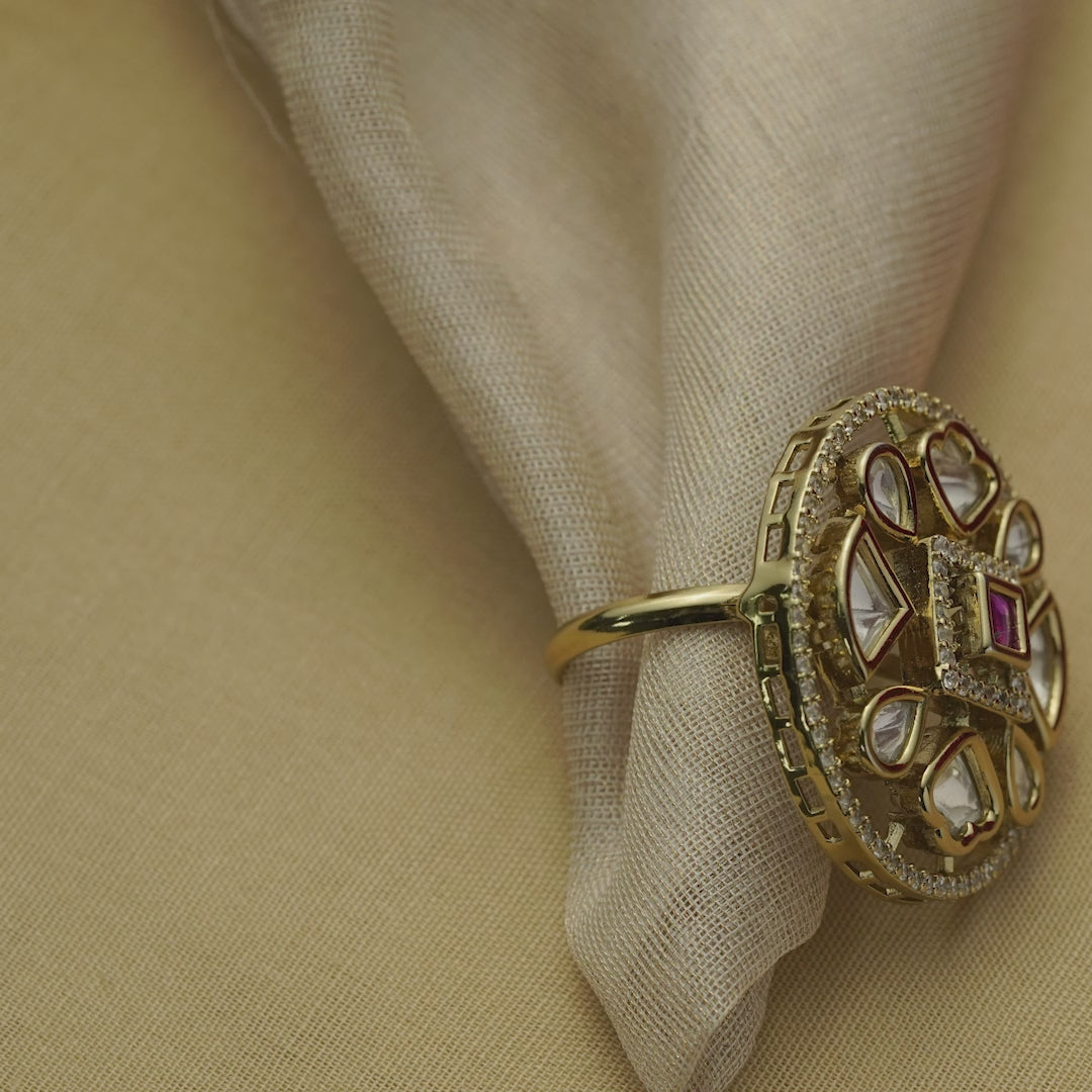 Gold Tone Floral Statement Ring with Pink Center Stone and Clear Accents for Women