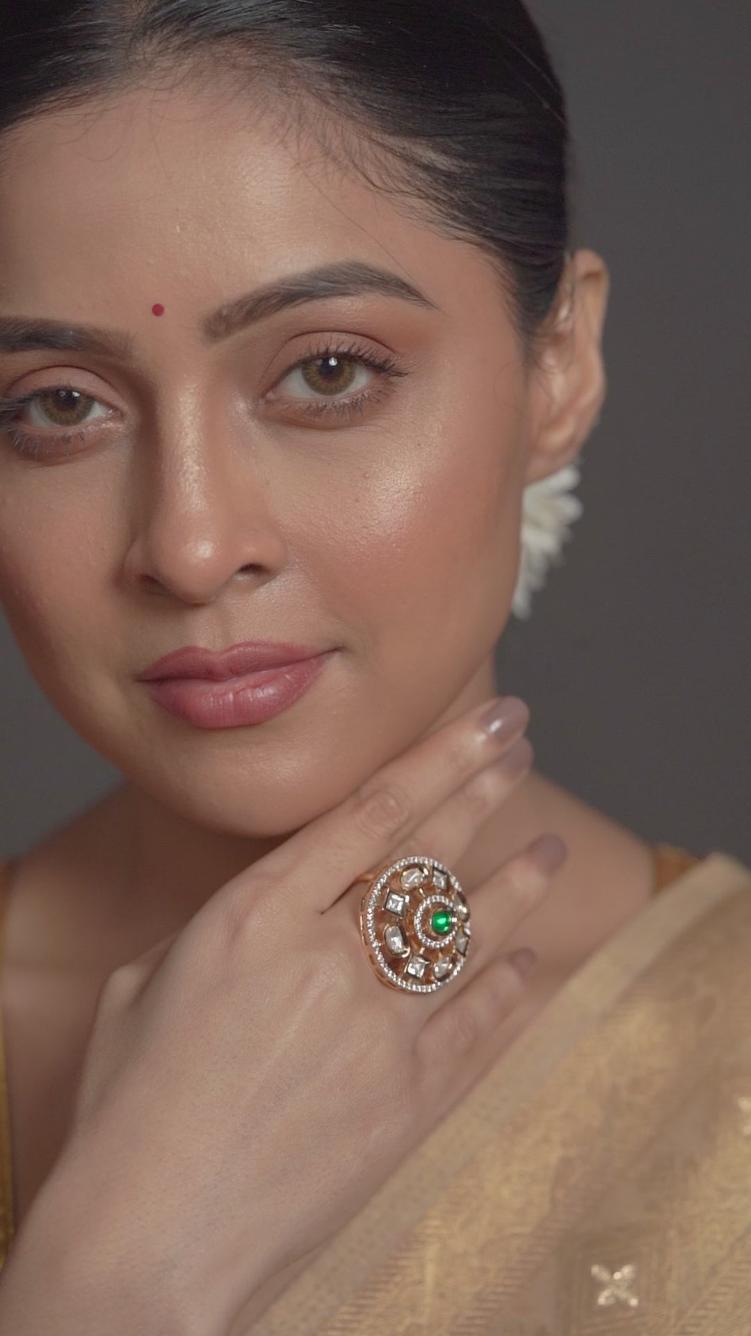 Gold-Tone Floral Statement Ring with Green Center Stone and Clear Accents for Women