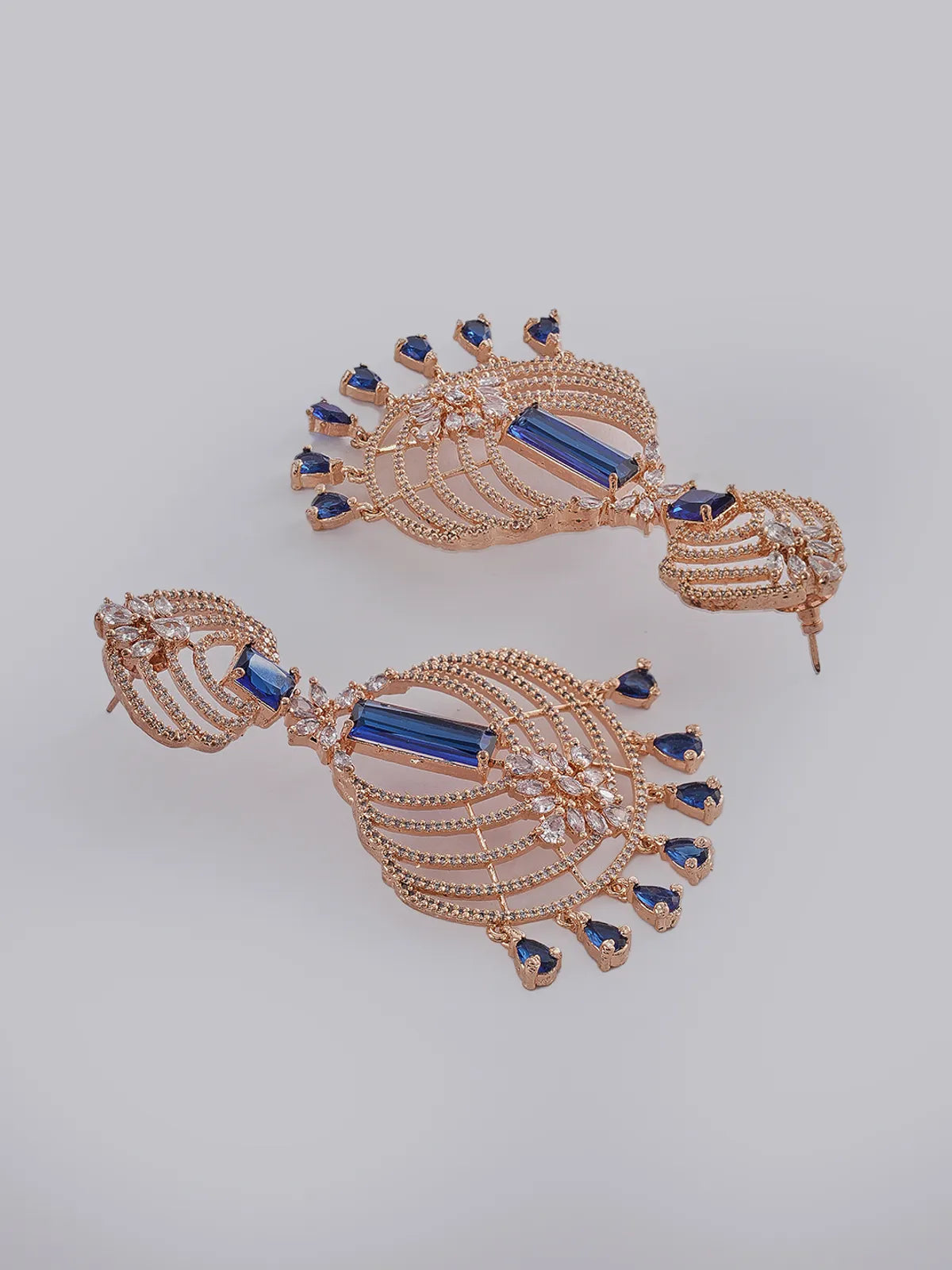 Blue Brass Rose Gold  Handcrafted Water Resistance CZ Stone  Earrings