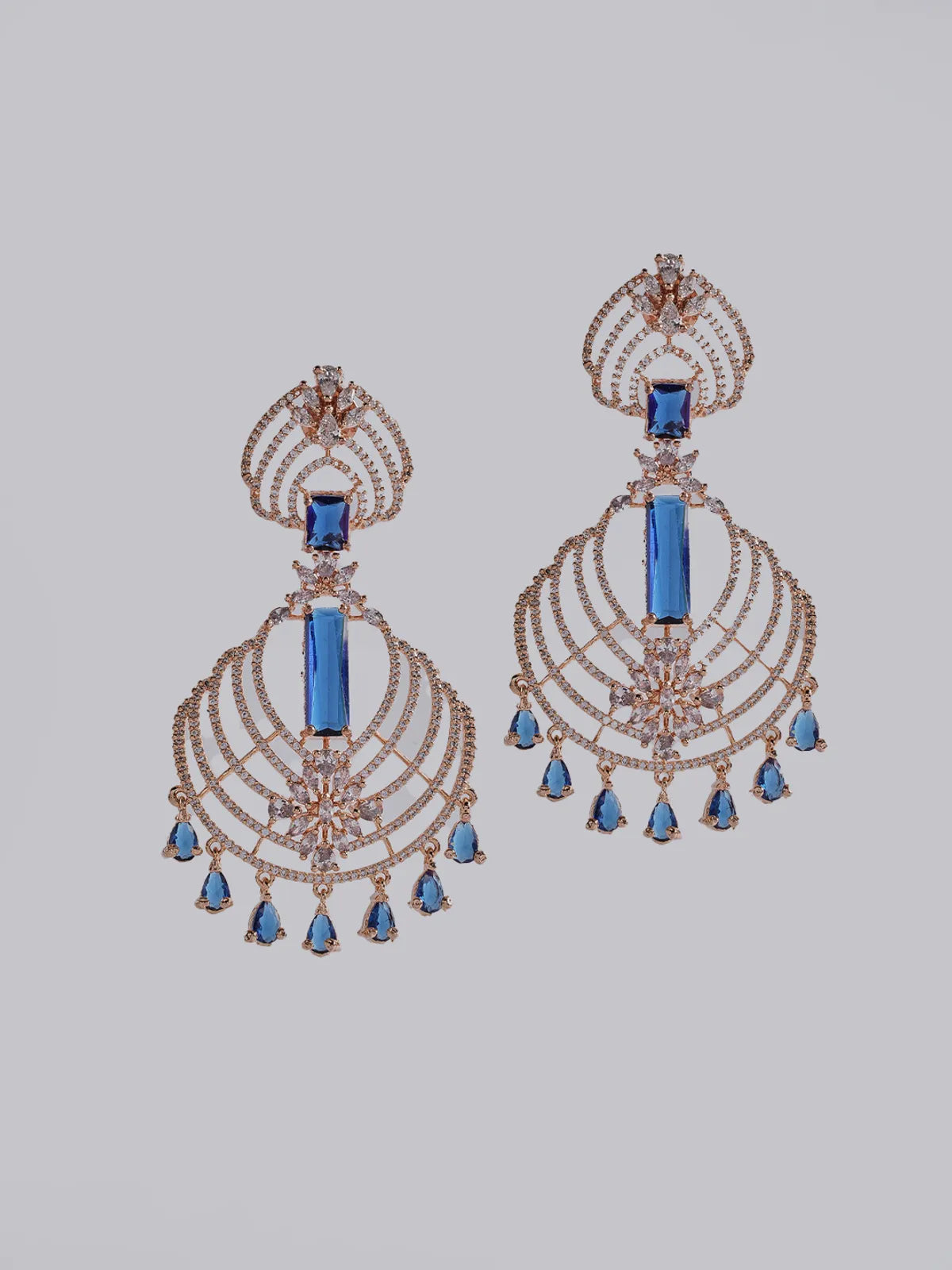 Blue Brass Rose Gold  Handcrafted Water Resistance CZ Stone  Earrings